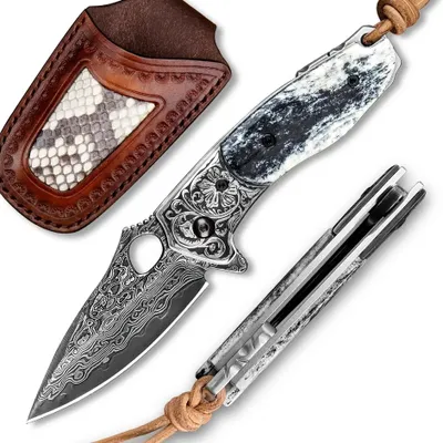 Produktbild von MASTERPIECE Shouta Damast Jagd Klappmesser - Hochwertig & Handgefertigt KP26641