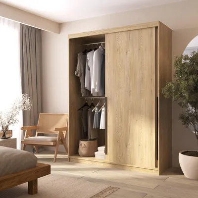 Produktbild von Kleiderschrank Eiche Craft mit Spiegel Schiebetüren Garderobenschrank 160 cm ADAPTE Modern