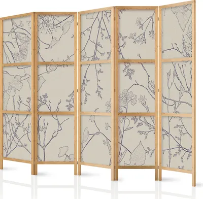 Produktbild von Paravent XXL 225x172 cm 5-teilig einseitig eleganter Sichtschutz Raumteiler Trennwand Raumtrenner Holz Design Motiv Deko Home Office Botanik Abstrakt Natur b-A-10441-bh-b