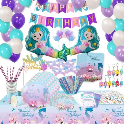Immagine prodotto di Set di stoviglie a tema sirena per feste di compleanno per bambini