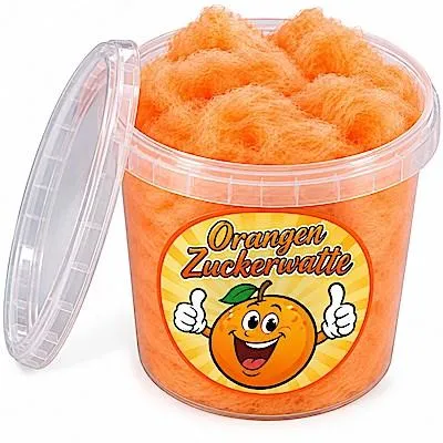 Produktbild von Zuckerwatte Orange im Eimer 50g |  - Orangen-farbene Zuckerwatte mit fruchtigen Orangenaroma