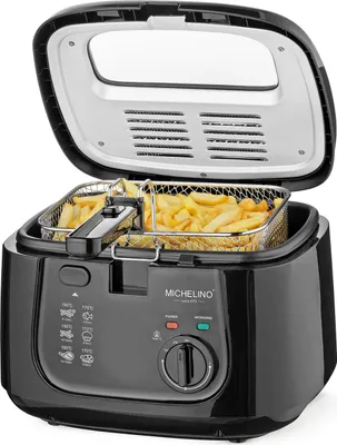 A black deep fryer with a basket full of french fries, shown with the lid open.