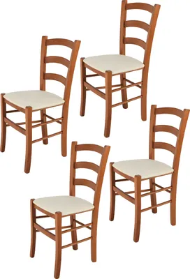 Produktbild von t m c s Tommychairs - 4er Set Stühle VENICE für Küche und Esszimmer, Struktur aus lackiertem Buchenholz im Farbton Kirschholz und gepolsterte gepolsterte Sitzfläche mit STOFF in der Farbe Elfenbein bezogen
