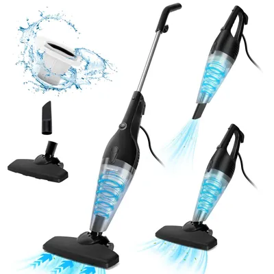 A collage of images showing a black stick vacuum cleaner and its accessories, with blue visual effects indicating suction and water splashes around a filter.