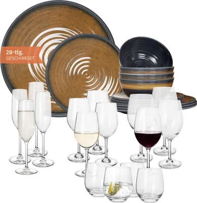 Produktbild von Melamin Camping Geschirr Set 4 Personen Stone Curry + 16 Tiamo Gläser Wassergläser Weingläser Champagner-Gläser Flûtes Tafelgeschirr Picknick BBQ Kochgeschirr