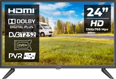 Kiano Slim TV Travel Fernseher 24" Zoll | LED HD TV - Matrix | Auto-Ladegerät | HDMI USB | Dolby Audio | Triple Tuner DVB-T2 | Schwarz