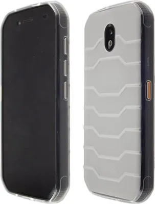 A side-by-side view of a smartphone in a clear case and the back of the same smartphone in a white protective case.