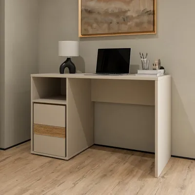 Produktbild von Forte WEXLIN Schreibtisch 120, moderner Schreibtisch mit Stauraumfach und Schranktür, Kinder- und Jugendzimmer, Kaschmir|Beige|Mauvella Eiche Holzdekor, 119,7 cm breit x 75,7 cm hoch x 50,2 cm tief