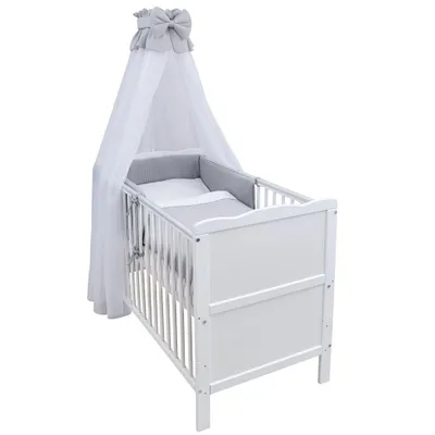 Produktbild von Baby-Delux Babybett Kinderbett Jack Umbaubar 140x70 Weiß Beißschienen Bettset Komplett Waffelpique Musselin Grau