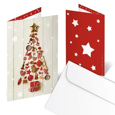 Produktbild von Briefumschläge + Weihnachtskarten DIN A6 hoch Klappkarten beige mit Weihnachtsbaum rot 10 Stück10 Stück