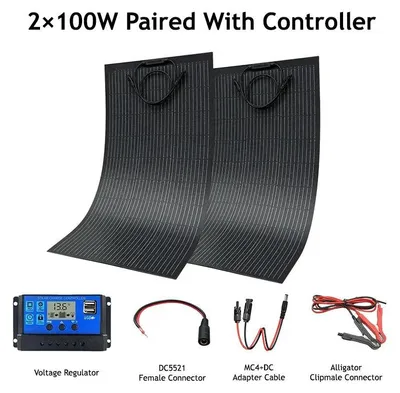 Immagine prodotto di Set di pannelli solari - 2 pannelli da 100 W con regolatore di carica MPPT - Monocristallini - Elevata efficienza - 200 W totali - Per campeggio/camper