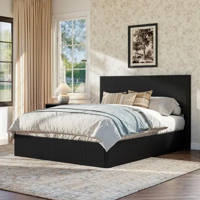 Produktbild von Stauraumbett 160x200 cm Schwarz - Modernes Doppelbett mit Hydraulik-System, Rillenoptik & Bettkasten, robuster Stahlrahmen, inkl. Lattenrost, bis 450 kg belastbar
