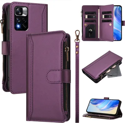 Produktbild von Handyhülle für Xiaomi Redmi Note 11 Pro+ Reißverschluss Geldbörse Kunstleder Klapphülle mit Kartensteckplatz, Ständer, Handschlaufe Lila