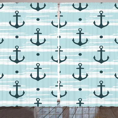 Produktbild von ARANDE Anker Gardine, Modern Maritim Symbole Pastelltöne Skizze und Punkte Muster, 280 x 225 cm, Blassblau Dunkelgrün
