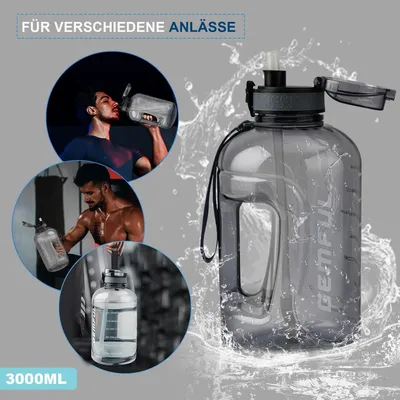 Produktbild von Große 3L Sport-Trinkflasche mit Strohhalm und motivierender BPA-freier Wasserflasche für Fitnessstudio, Radfahren, Camping, Wandern, Büro