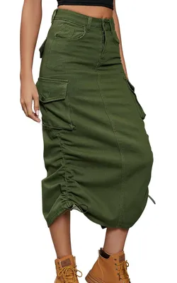 Produktbild von ASKSA Damen Y2K Cargo Roecke Jeans Bleistiftrock High Waist Elegant Kordelzug Midi Rock mit Taschen, Armeegruen, XL