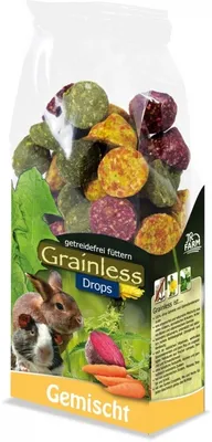 Produktbild von JR Farm Grainless Drops gemischt, Meerschweinchen, Hamster, Kaninchen, Löwenzahn, Rote Bete, Karotte, 140 g, Fest, Adult, Erbsen, Karotten 11,2%, Stärke, Petersilie 4%, Löwenzahn 3,5%, Rote Beete 2,5%, Spitzwegerich,...