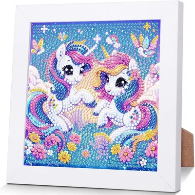 Image de Kit de peinture diamant pour enfants, motif licorne avec cadre, 18x18 cm