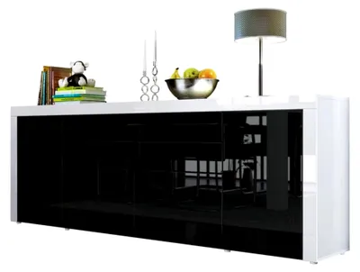Produktbild von Sideboard La Paz V2,  Germany, Kommode mit 2 Türen, 2 Schubladen und 2 Klappen, Weiß Hochglanz/Schwarz Hochglanz/Weiß Hochglanz (200 x 72 x 35 cm)