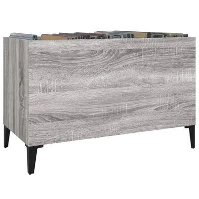 A side view of a gray wood-grain filing cabinet with black legs, filled with files.