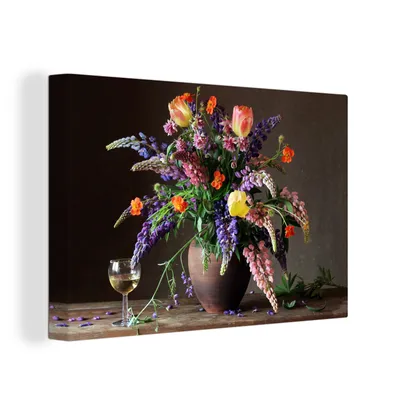 Produktbild von OneMillionCanvasses® - Leinwandbilder - 150x100 cm, Stilleben - Wein - Blumen, Wandbilder Kunstdruck Wanddekoration