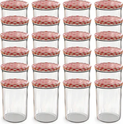 A grid of clear glass jars with red and white checkered lids.