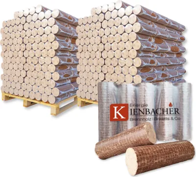 Two pallets of compressed wood briquettes are shown, with two individual briquettes in the foreground.