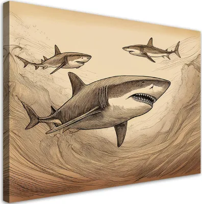 Produktbild von Leinwandbild Vintage Tiere Haie 120x80 Feeby Beige bild für die wand bereit zum aufhängen