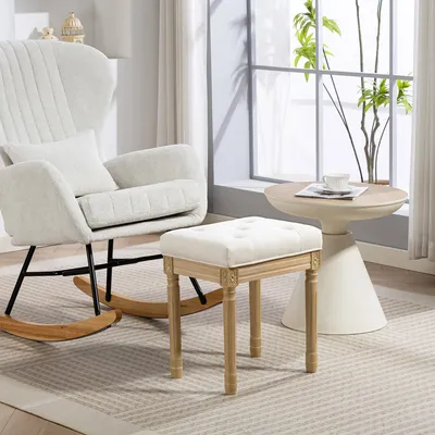 Produktbild von Sitzhocker Leinenoptik Knopfheftung Landhaus, Fußhocker Polsterhocker Gummiholz, Beige | 42 x 32 x 46,5 cm | bis 120 kg | geschnitzte Beine