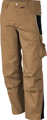 A pair of khaki work pants with black accents.