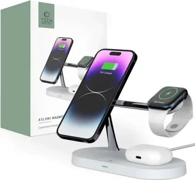 Zdjęcie produktu dla Tech-Protect A12 3In1 Magnetic Magsafe Wireless Charger White