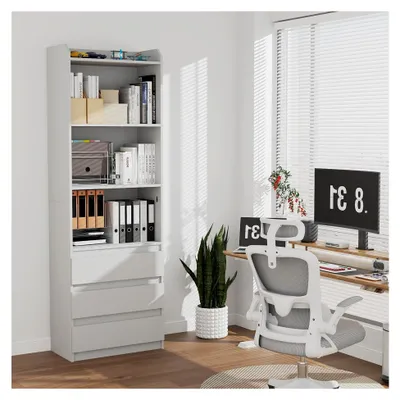 Produktbild von Bücherregal 180 cm, Regal mit 6 Fächern und 3 Schubladen, Standregal für Wohnzimmer, Küche und Büro in Schwarz