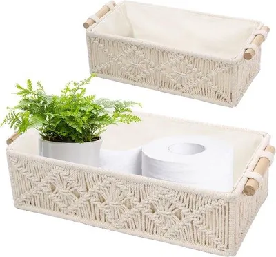 Immagine prodotto di Piccolo cesto decorativo in stile boho realizzato con corda di cotone - Cesto in macramè fatto a mano con manici - Cesto regalo - Bianco