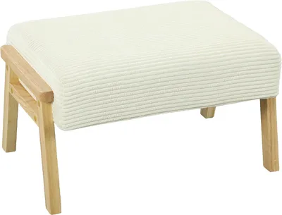 Produktbild von Cremeweißer Sitzhocker mit weichem Sitzkissen und Holzbeinen, Ottoman mit Cordoptik für Schlafzimmer und Wohnzimmer