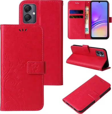 Produktbild von Handyhülle für Samsung Galaxy A05 Floral Blumen Schmetterling Flip Cover Hülle Case Klapphülle Handytasche Farbe: Rot