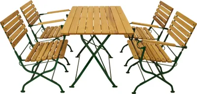 Produktbild von DEGAMO Gartengarnitur Sitzgruppe Klappgarnitur PASSAU 5-teilig, Flachstahl grün + Robinie, klappbar (2x Klappsessel mit Armlehnen, 2x Klappstuhl, 1x Klapptisch 70x110cm)