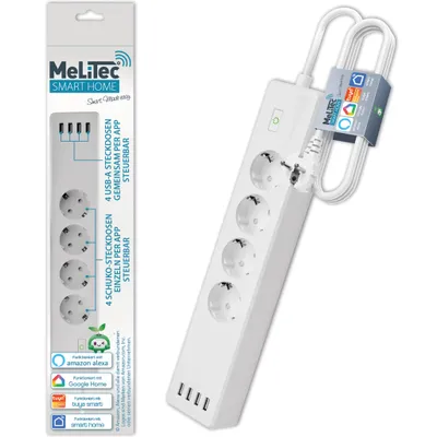 Produktbild von WLAN Steckdosenleiste | Überspannungsschutz | 4-Fach Smart Mehrfachsteckdose | Wandmontage mit 4 USB | kompatibel mit Alexa und Google Home | Zeitschaltuhr | Sprachsteuerung und Fernbedienung | MeLiTec