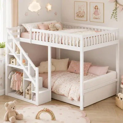 Immagine prodotto di Letto a castello per bambini, 90x200 cm, con scaletta e spazio contenitivo, bianco, in legno massello di pino, con protezioni laterali e rete a doghe