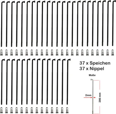 Produktbild von 37 Stück Speichen 286mm VERZINKT 2mm inkl. Messing Speichennippel