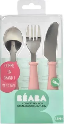 Immagine prodotto di BEABA Set di posate in acciaio inossidabile a 3 pezzi, rosa antico, posate didattiche per bambini dai 12 mesi, forma arrotondata