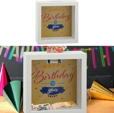 Produktbild von Spardose "Happy Birthday You" B14,5cm Sparbüchse Gelddose Bilderrahmen MDF Glas Geldgeschenk