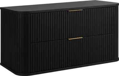 A black bathroom cabinet with two drawers and gold handles, shown from a slight angle against a white background.