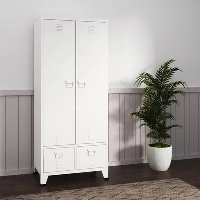 Obrázek produktu pro Ocelová šatní skříň s zásuvkami a industriálním designem – bílá, lakovaná – 180 x 90 x 40 cm