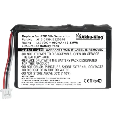 Produktbild von Akku-King 1868564, Akku, Apple, iPod 3G Classic A1040, iPod 2 M8976LL/A, M9460LL/A, M9244LL/A, M8948LL/A, M9245LL/A, Lithium-Ion (Li-Ion), 900 mAh, 3,7 V