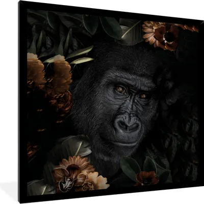 Produktbild von MuchoWow® MuchoWow® Gerahmtes Poster Affe - Tiere - Blumen - Schwarz 40x40 cm - Poster mit zchwarzem Bilderrahmen - Mit Rahmen - Wanddekoration Schlafzimmer