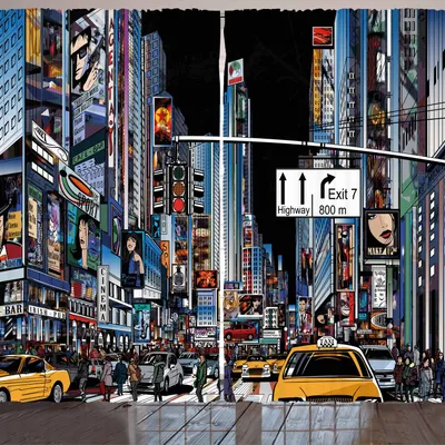 Produktbild von ARANDE Stadt Gardine, Karikatur-Art-New- Yorknachtszenen-Anzeigen bevölkerten Straßen-Taxis-Landstraßen-Ausgang, 280 x 245 cm, Mehrfarbig
