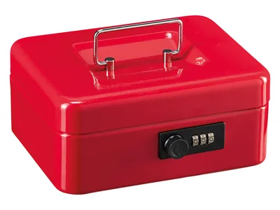 A red metal cash box with a combination lock is shown against a white background.