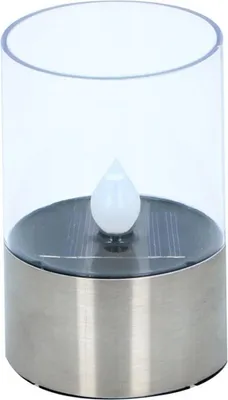 A solar-powered LED lantern with a clear glass cylinder and a brushed metal base.