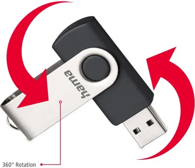 A Hama Rotate USB 2.0 flash drive is shown with red arrows indicating 360-degree rotation.