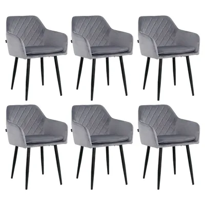 Produktbild von Lina® Noble Esszimmerstühle, 6er Set, Samt, Grau - Küchenstuhl, Wohnzimmerstuhl, Design Stuhl mit Armlehnen - Samt Stühle Esszimmer mit schwarzen Metallbeinen